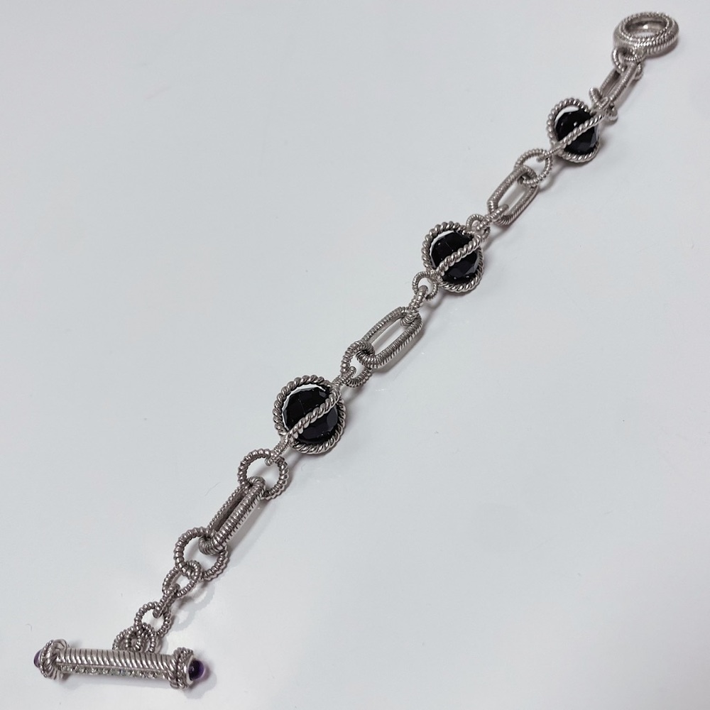 Judith Ripka Sterling Silver Collection Caged Onyx Amethyst Cable Chain Bracelet